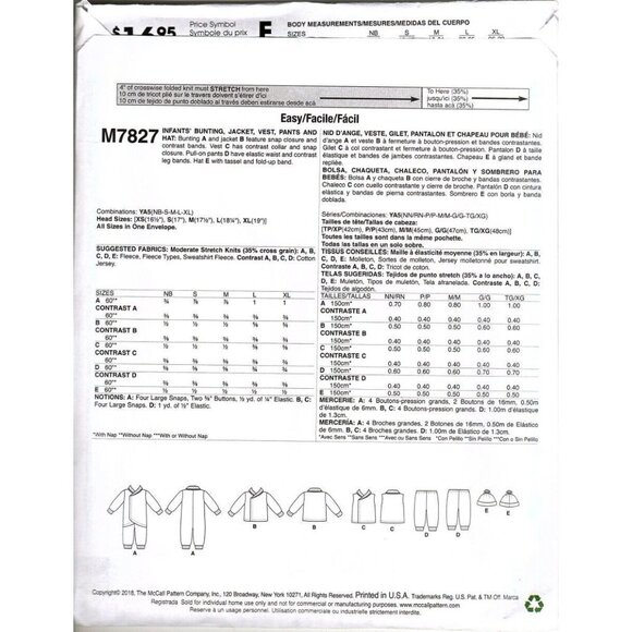 McCall's M7827 NB to XL Infant Bunting, Top, Pants, Hat New Uncut Sewing Pattern - Picture 2 of 2